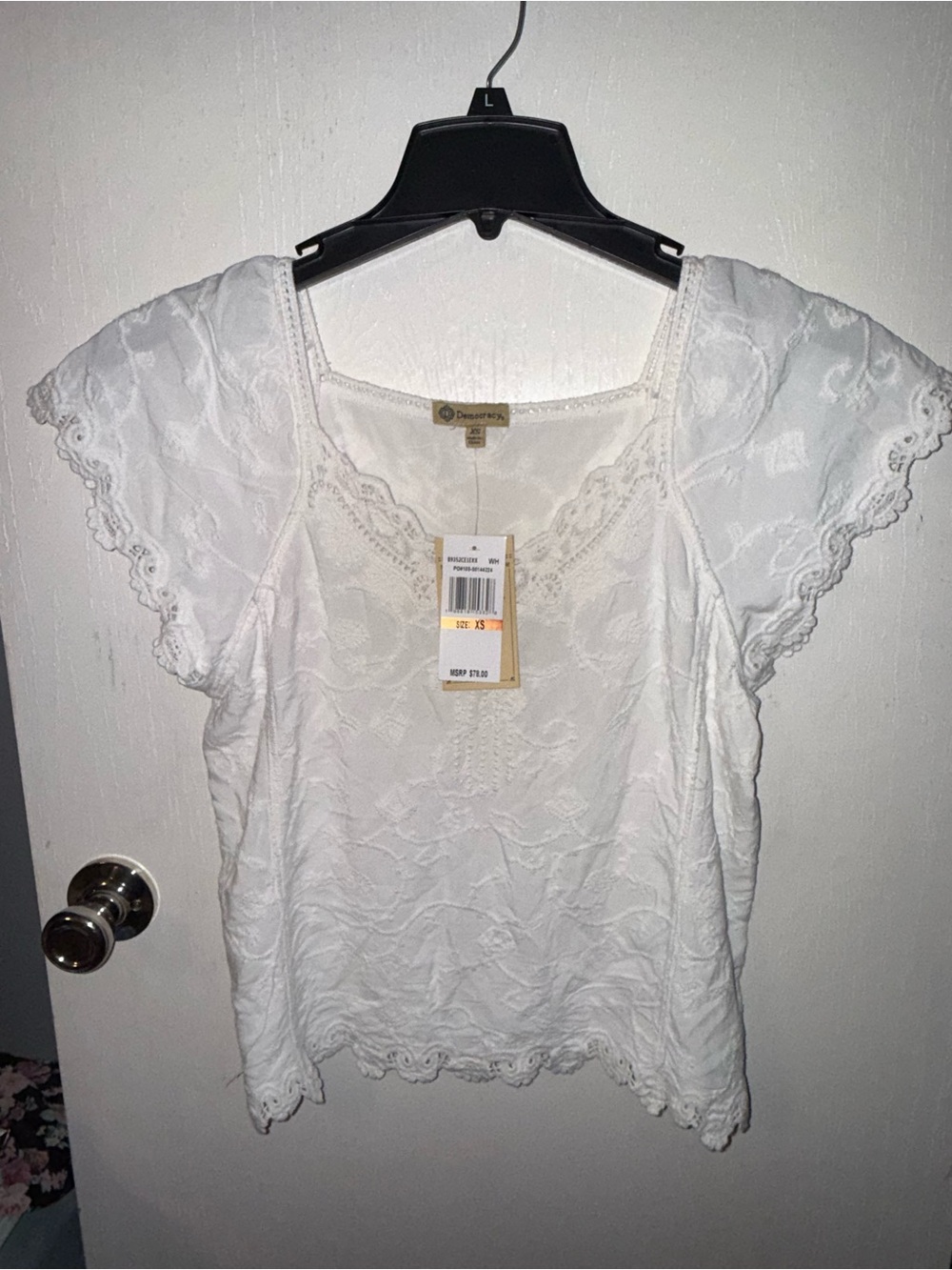 Democracy White Lace Short Sleeve Peasant Blouse